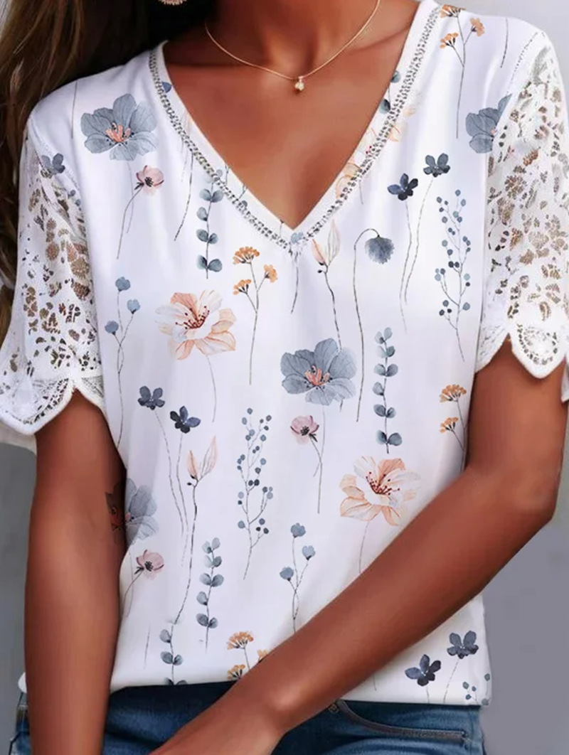 Floral Print V-Neck Lace Short Sleeve Top