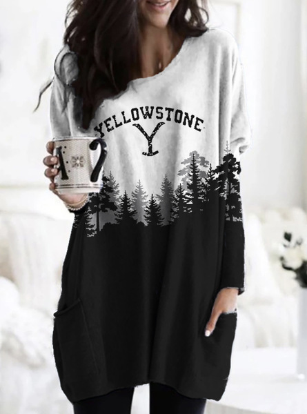 Women's Animal Print A-Line Midi Dress Long Sleeve Crew Neck Casual