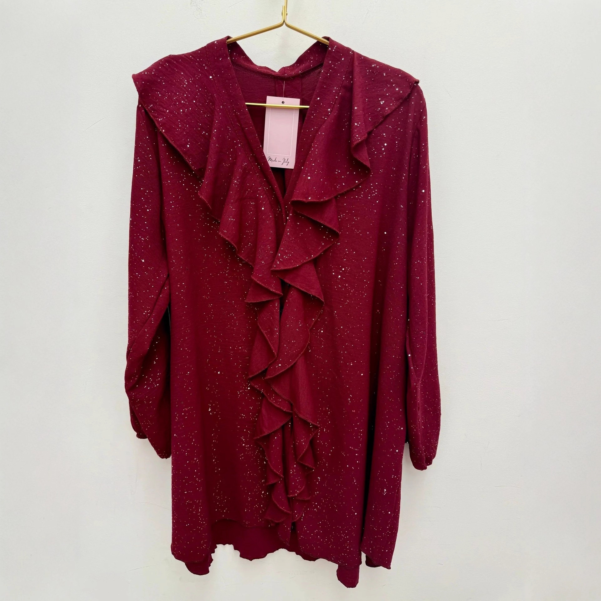 Metallic Gold Ruffled V-Neck Long-Sleeve Loose Casual Shirt