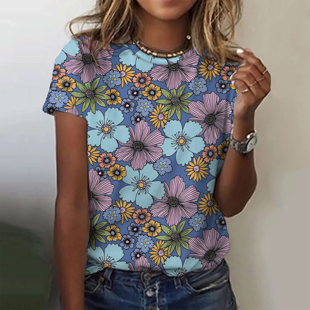 Women's 3D Floral Print Crewneck Short Sleeve T-Shirt