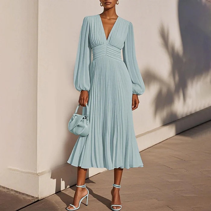 Plus Size Pleated V-Neck Long Sleeve Chiffon Dress
