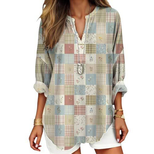 Plaid Print V-Neck Long Sleeve Women's Top