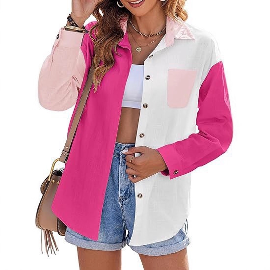Women's Color-Block Print Long-Sleeve Button-Front Shirt with Pockets