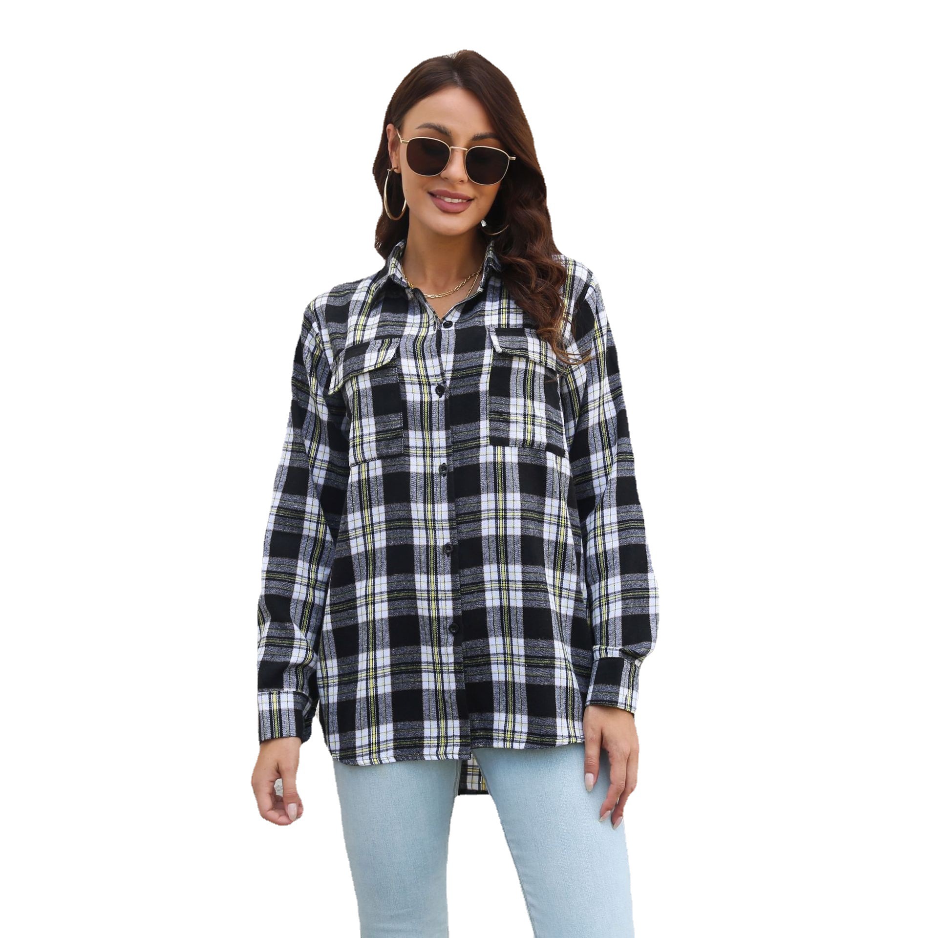 Women's Plaid Brushed Long Sleeve Midi Loose Shirt