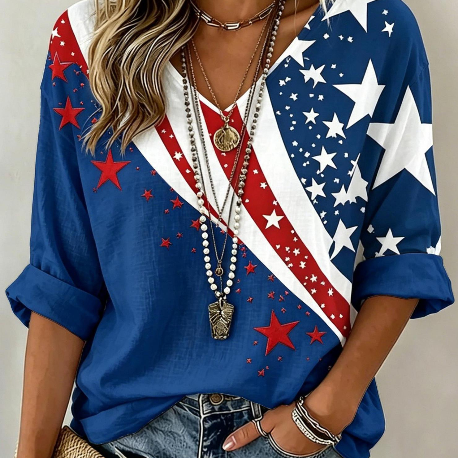 Star Striped Print V-Neck Half-Sleeve T-Shirt for Women