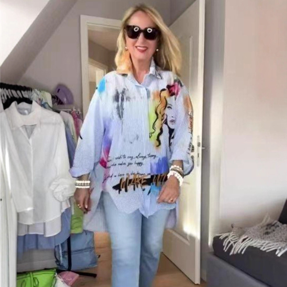 Women's Casual Print Portrait Long Sleeve Loose Button-Up Shirt