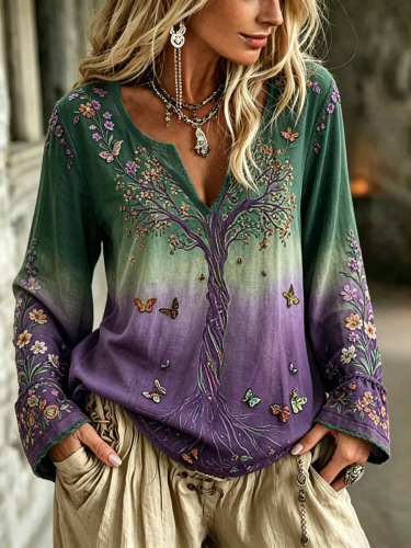Women's Vintage Tribal Print Long Sleeve V-Neck Shirt