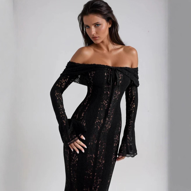 Lace Cutout Off-Shoulder Flare-Sleeve Bodycon Midi Dress