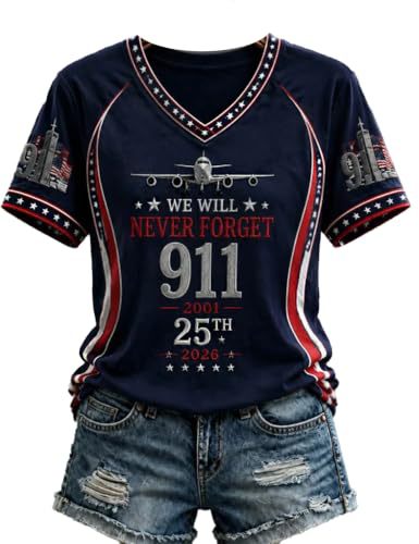 Women's V-Neck Short Sleeve T-Shirt with Airplane Twin Towers Print