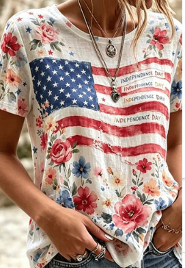 American Flag Letter Print Crewneck Short Sleeve Top