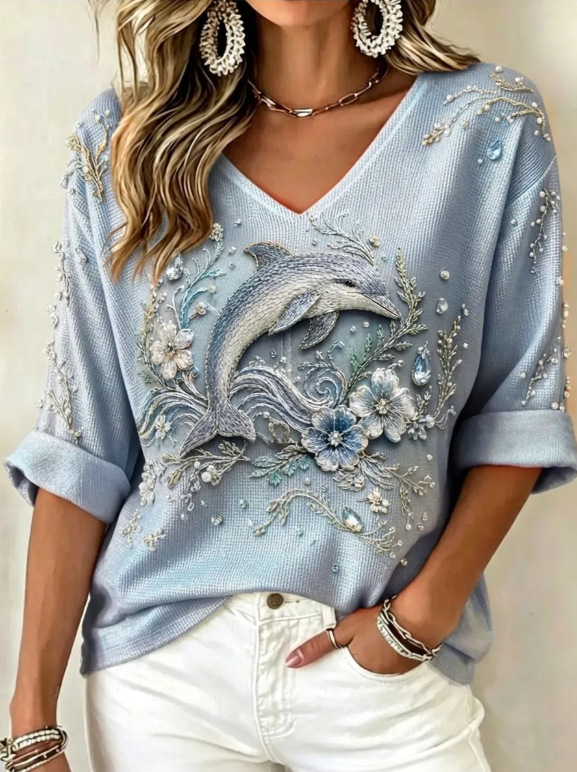Ocean Animal Print V-Neck Half-Sleeve T-Shirt for Women