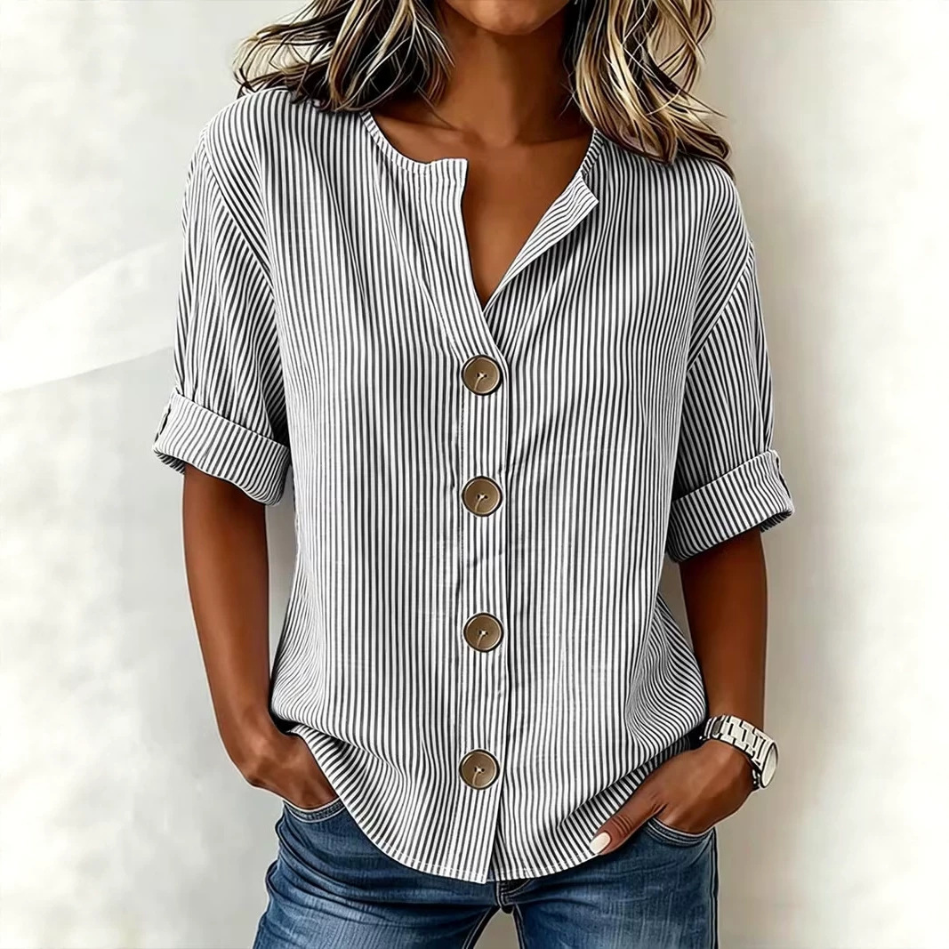 Women's Retro Striped Print Mid-Sleeve Blouse