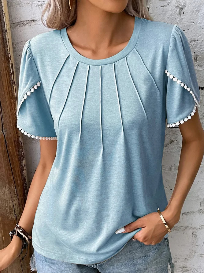 Pleated Short Sleeve T-Shirt with Petal Sleeves and Round Neck