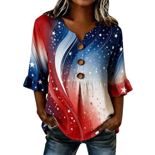 Women's American Flag Print Short Sleeve Button-Up Shirt