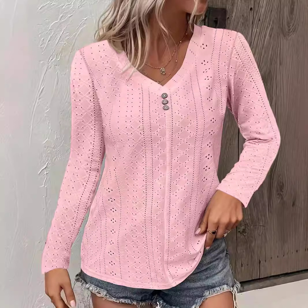 Women's Solid V-Neck Button-Detail Long-Sleeve T-Shirt