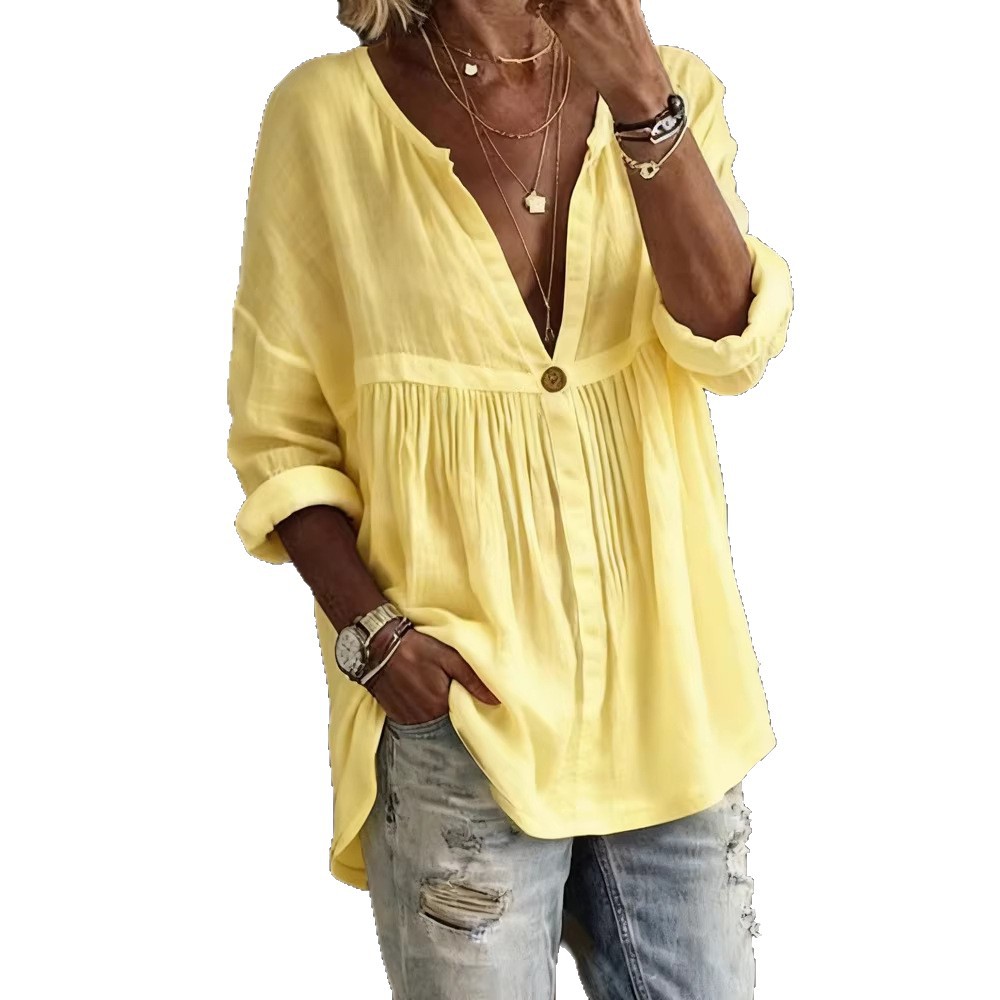 Women's Casual Loose Solid Color Long Sleeve Button Pullover Shirt