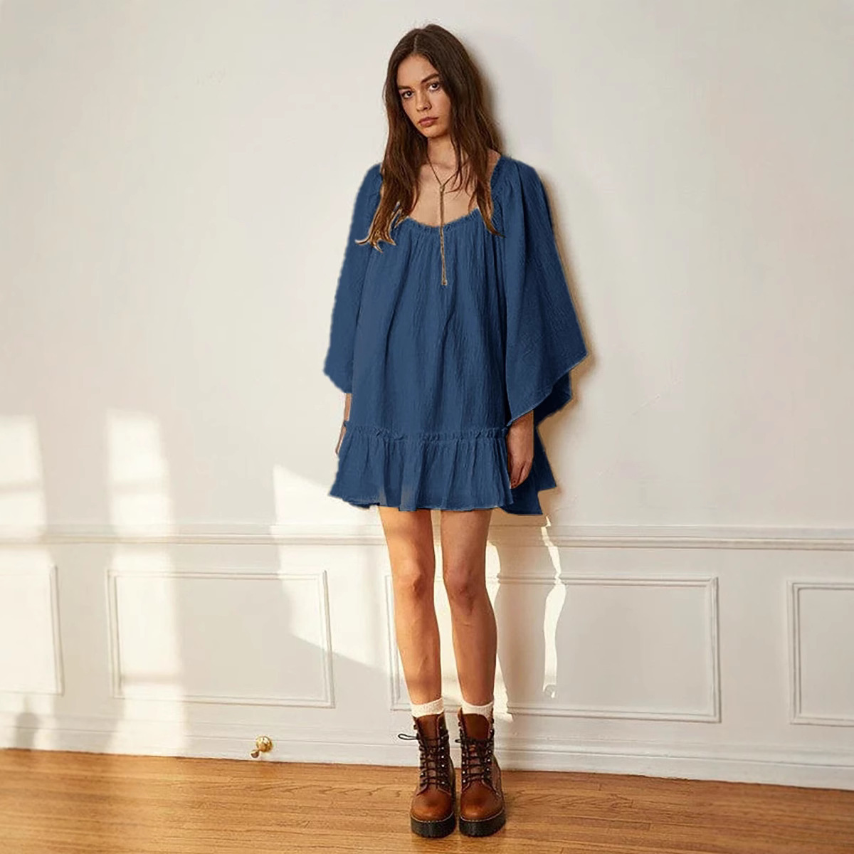 Long Sleeve U-Neck Loose Solid Mini Dress with Open Back Batwing Sleeves and Tie
