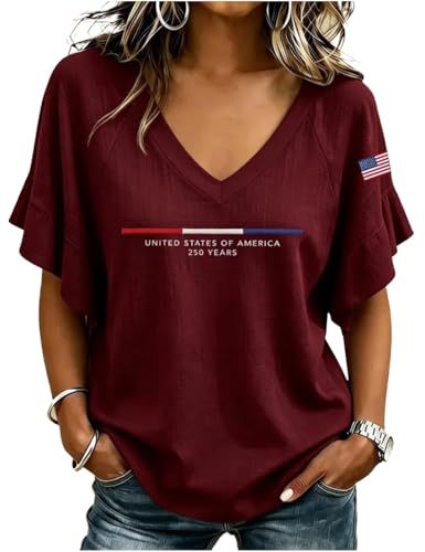 Women's V-Neck Rolled Sleeve T-Shirt with Letter Flag Print