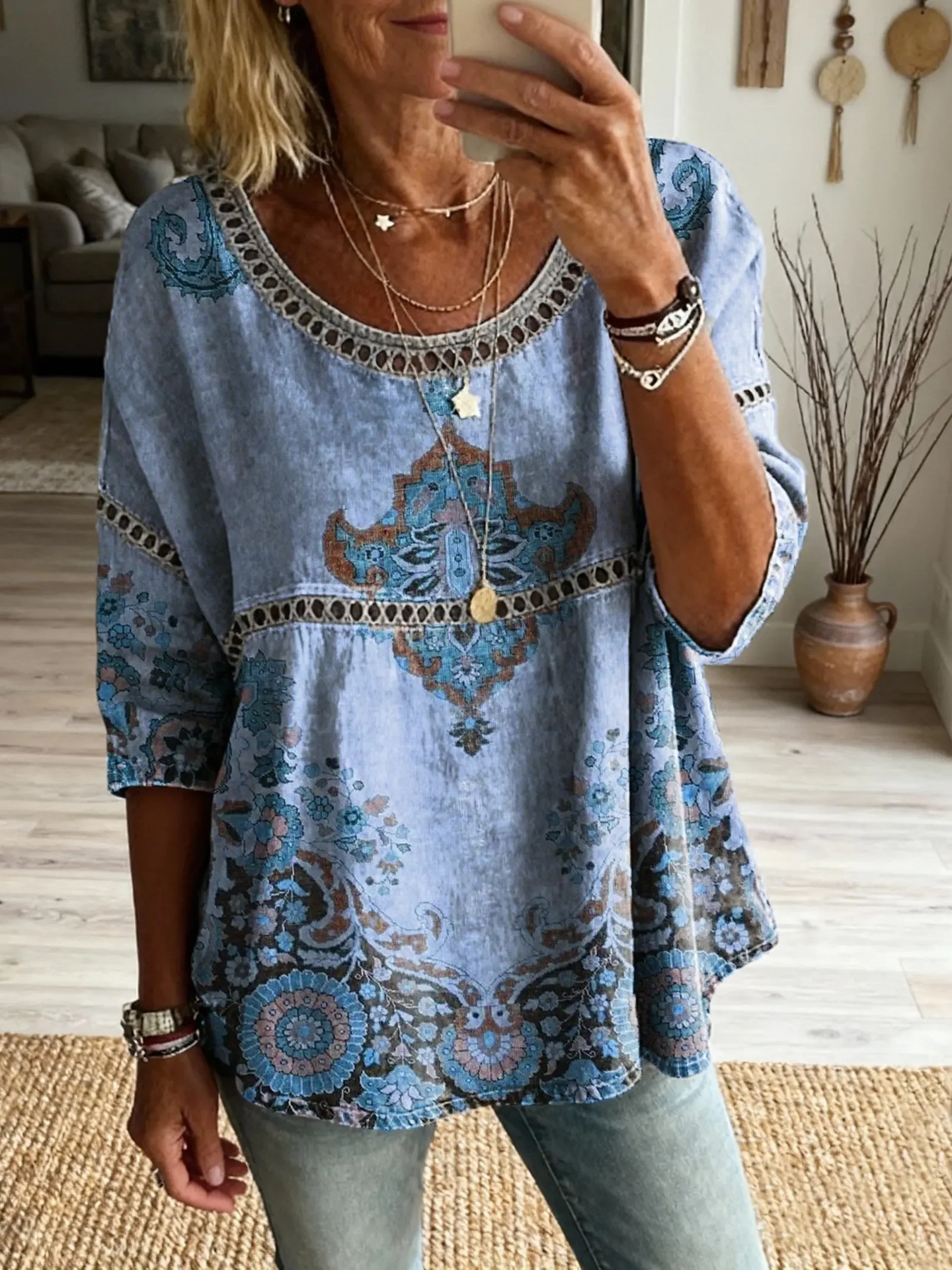Women's Abstract Line Print Crewneck Half-Sleeve Top