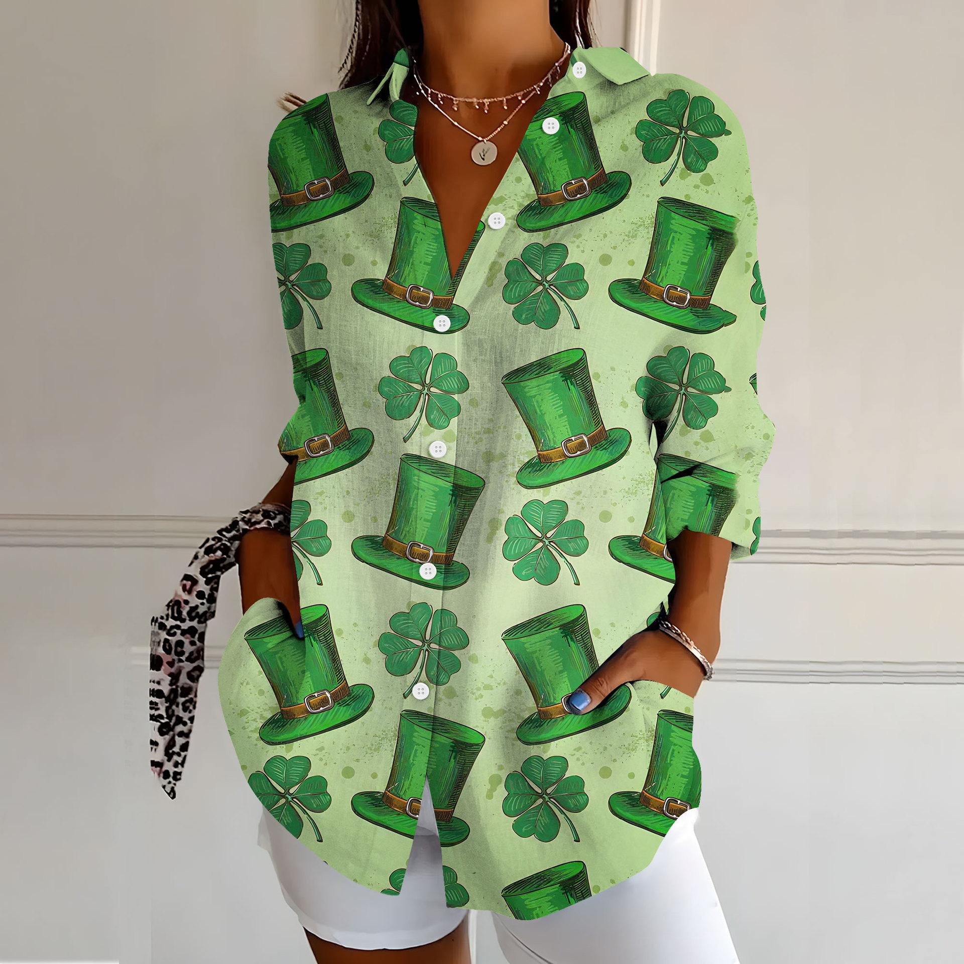 Women's Clover Rainbow Print Long Sleeve Button-Front Shirt
