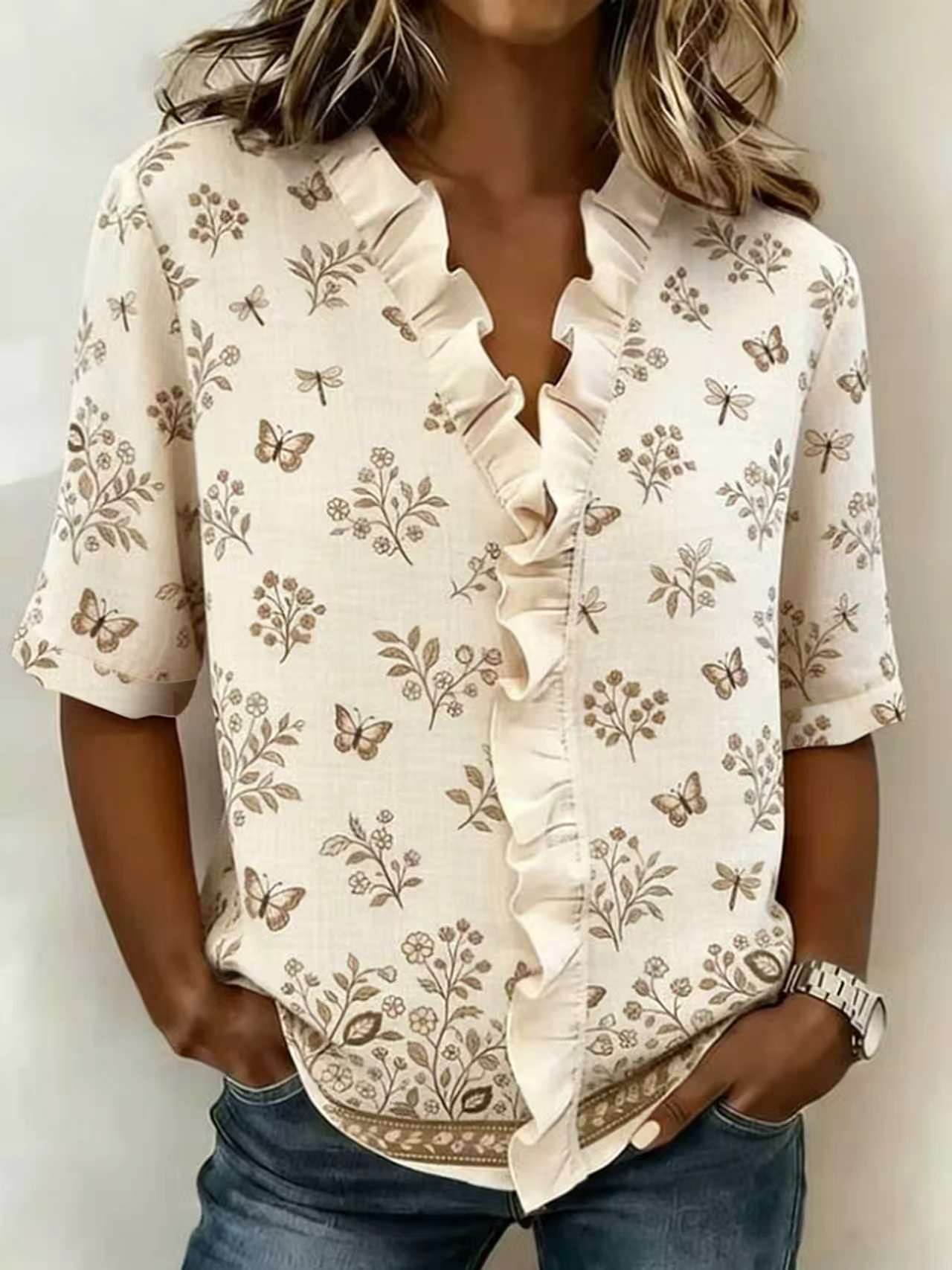 Women's Floral Print Half-Sleeve Blouse