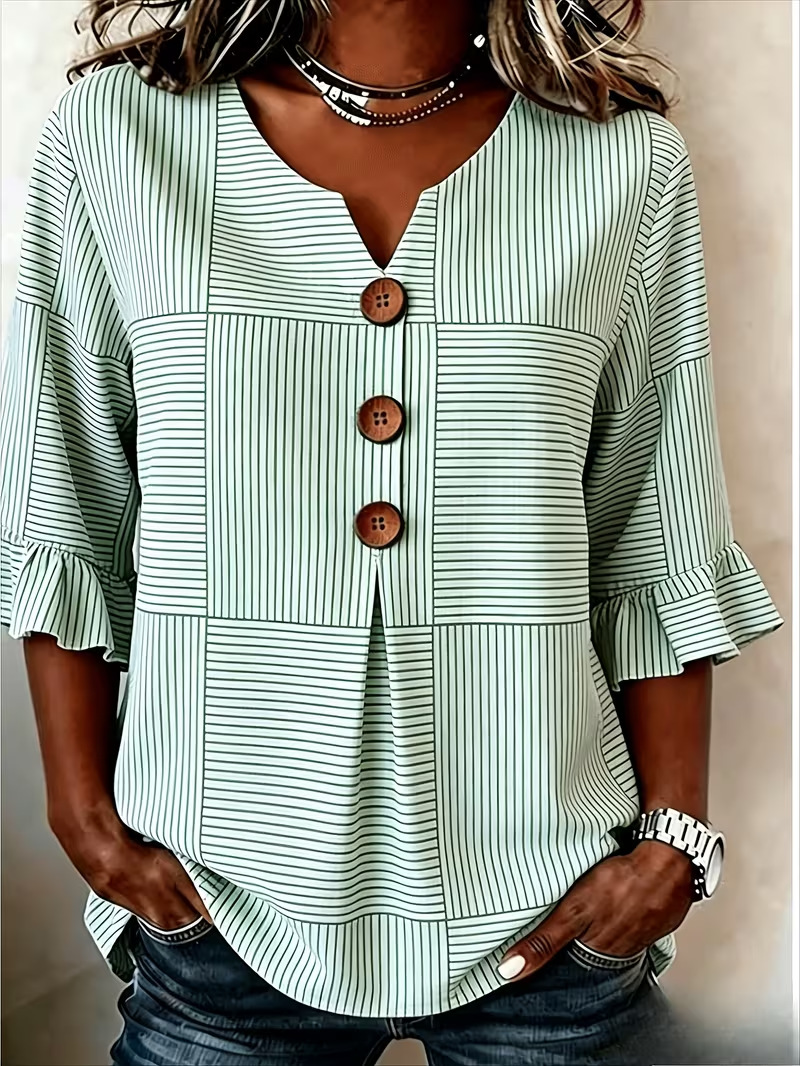 Summer Plaid Striped Print Short Sleeve Button-Up Top