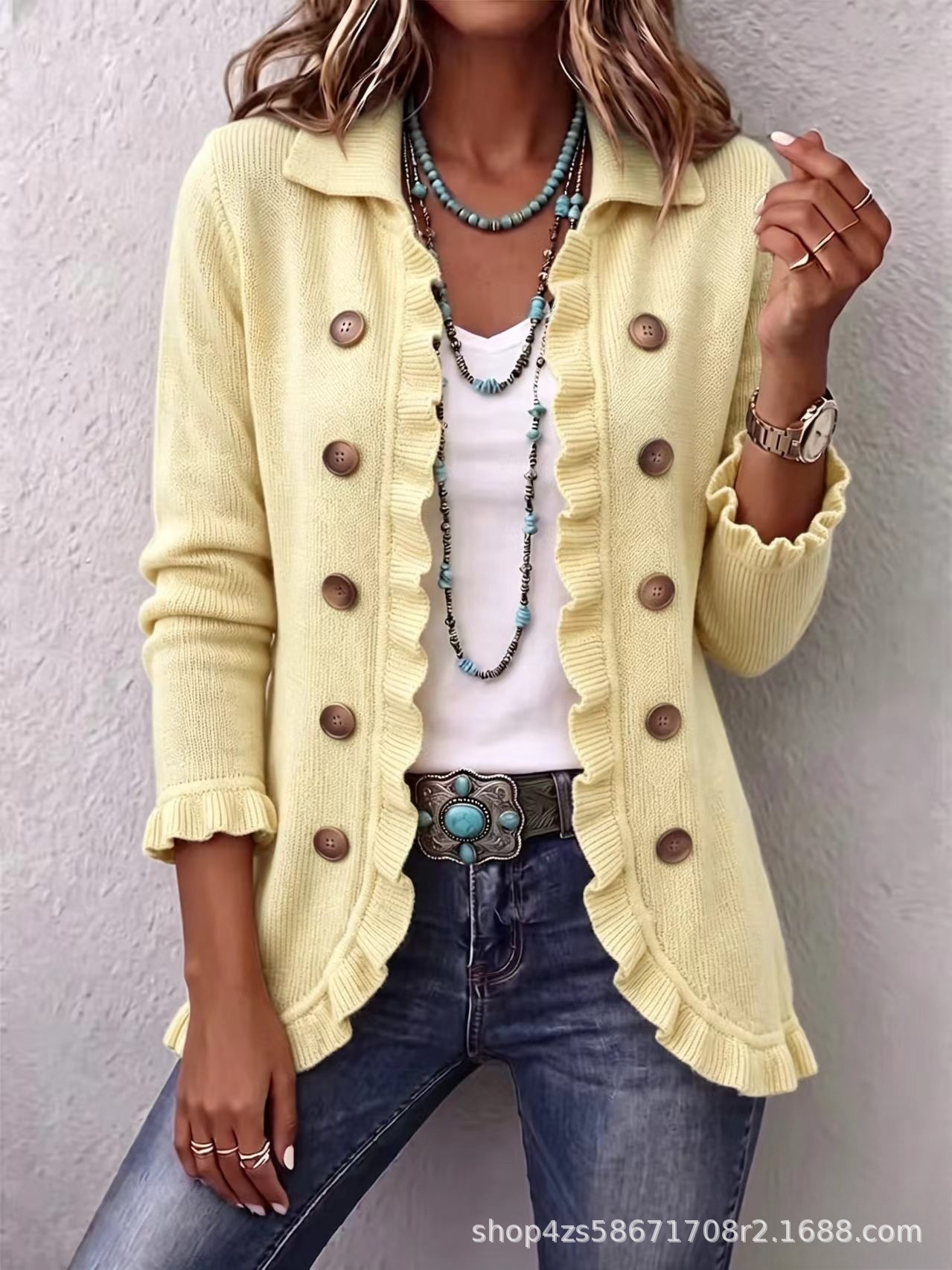 Women's Long Sleeve Ruffle Button-Front Cardigan