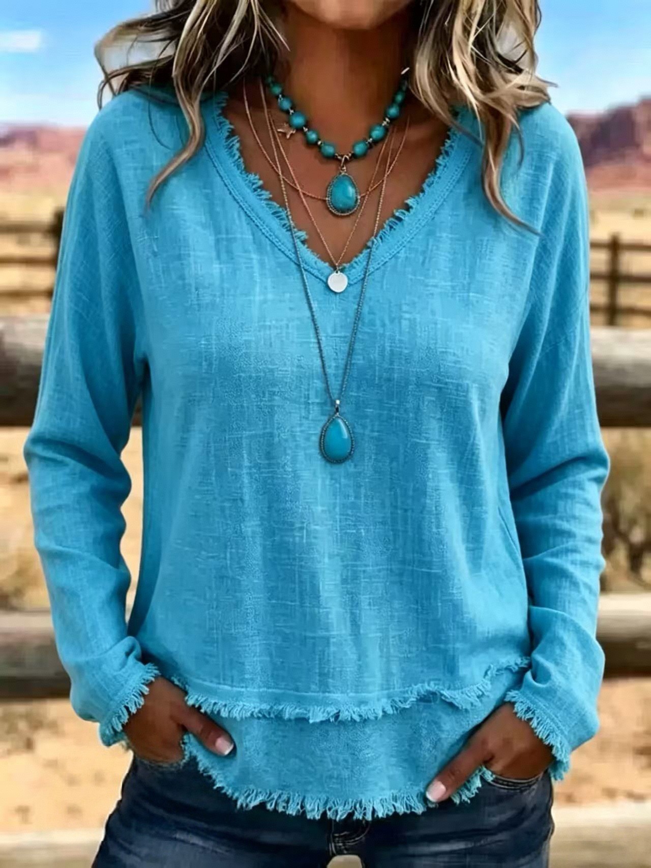 Women's Loose V-Neck Fringe Long-Sleeve Solid Color Casual T-Shirt