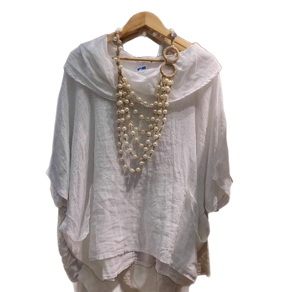 Women's Draped Neck Linen-Blend Top with Pockets