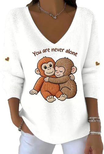 Women's V-Neck Long-Sleeve T-Shirt with Monkey Letter Print