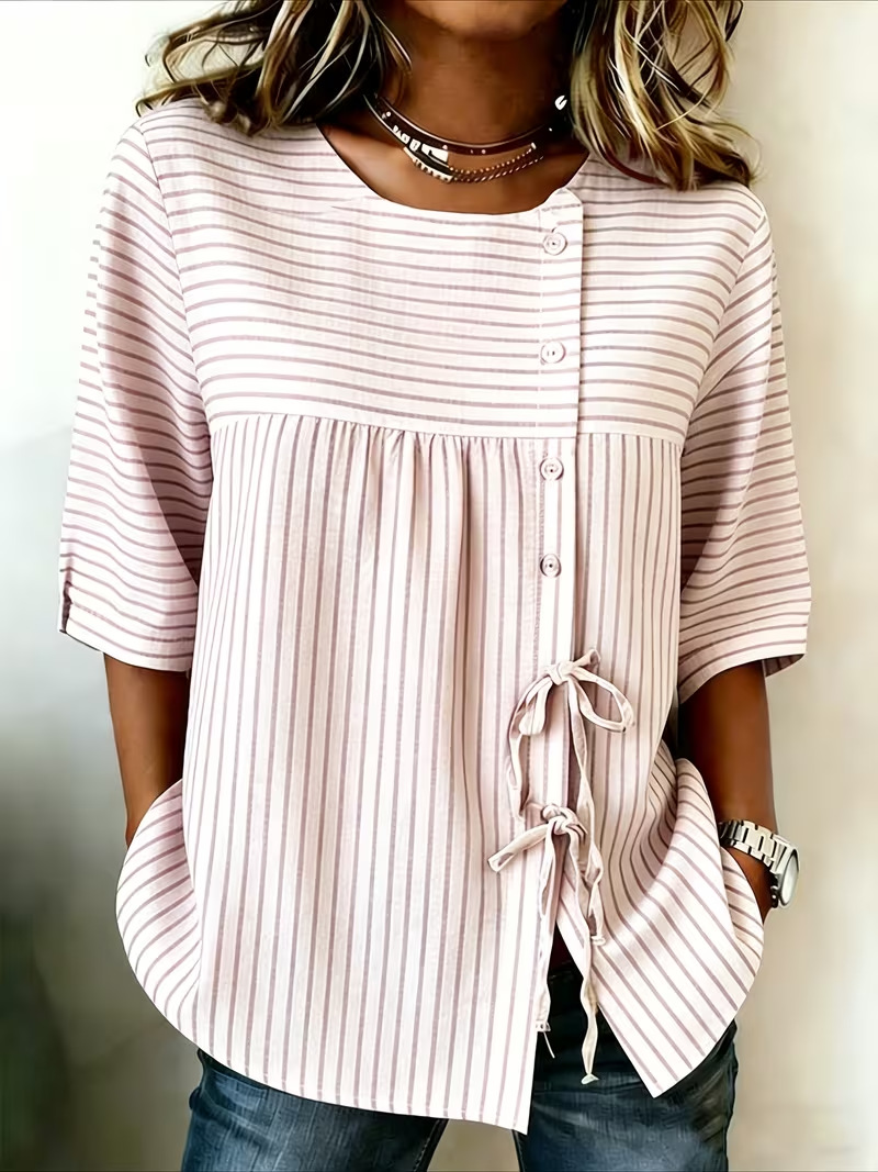 Women's Printed Tie-Neck Midi-Sleeve Blouse