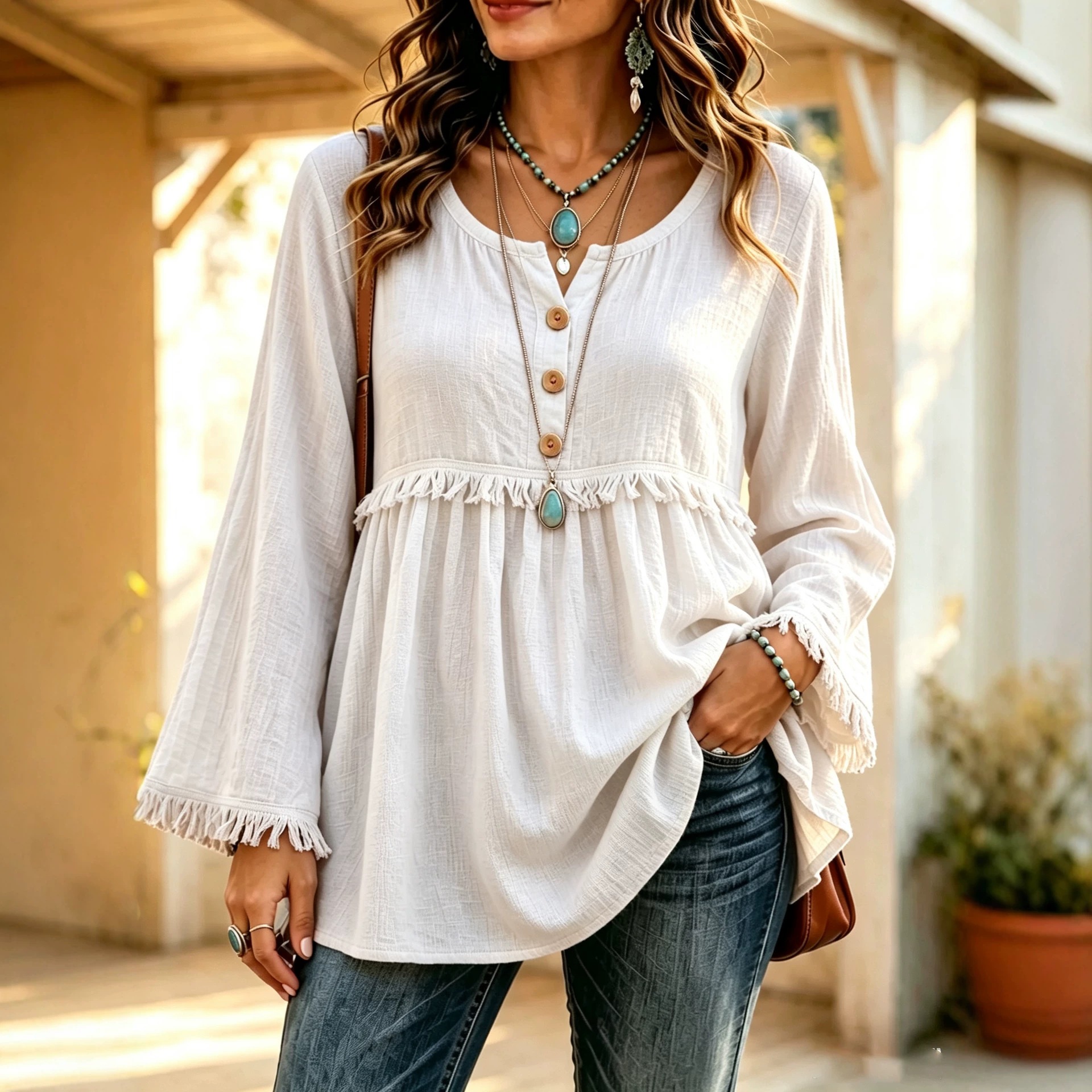 Women's Long Sleeve Round Neck Tassel Trim Bell Sleeve Loose Blouse