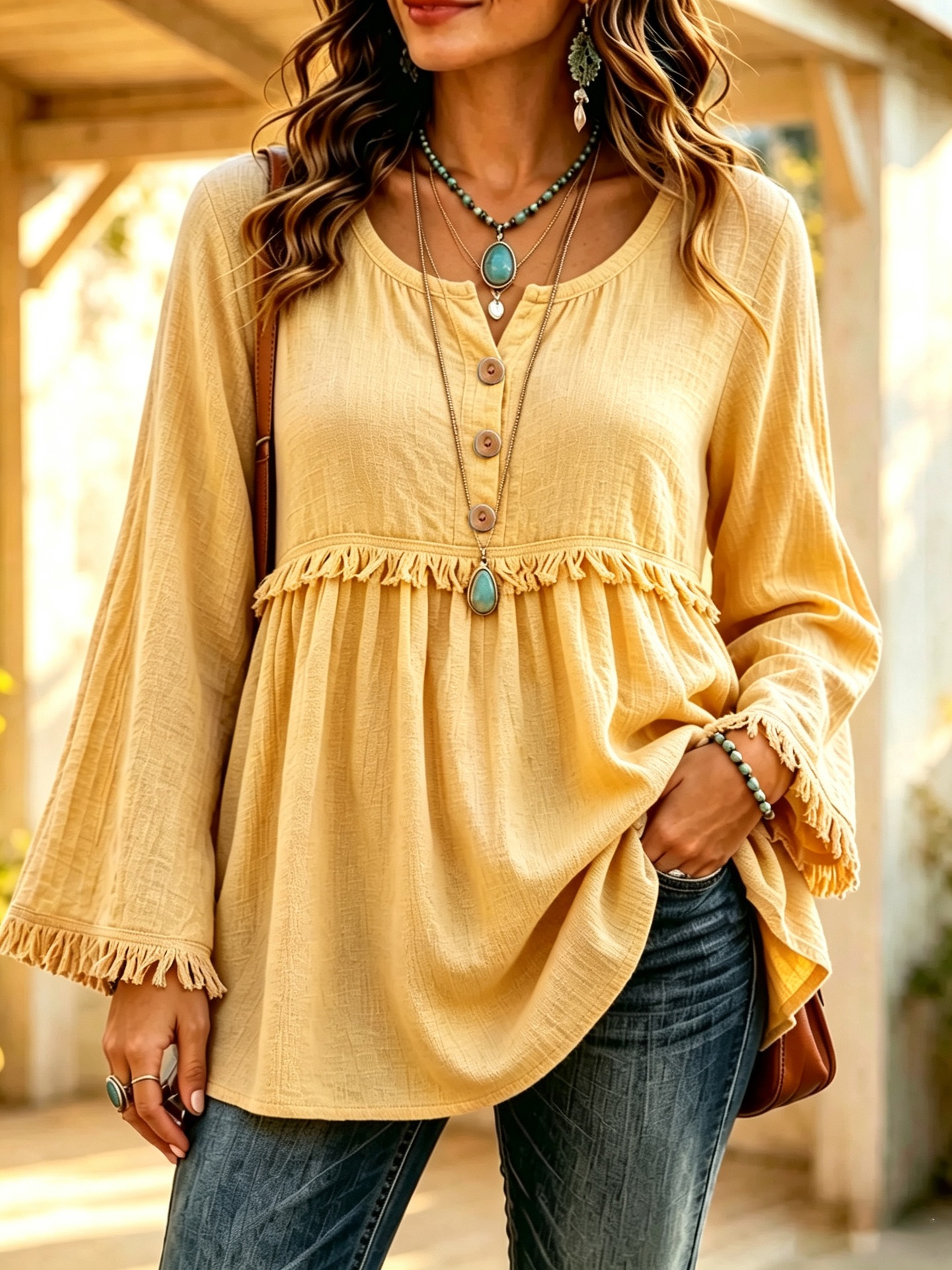 Women's Long Sleeve Round Neck Tassel Trim Bell Sleeve Loose Blouse