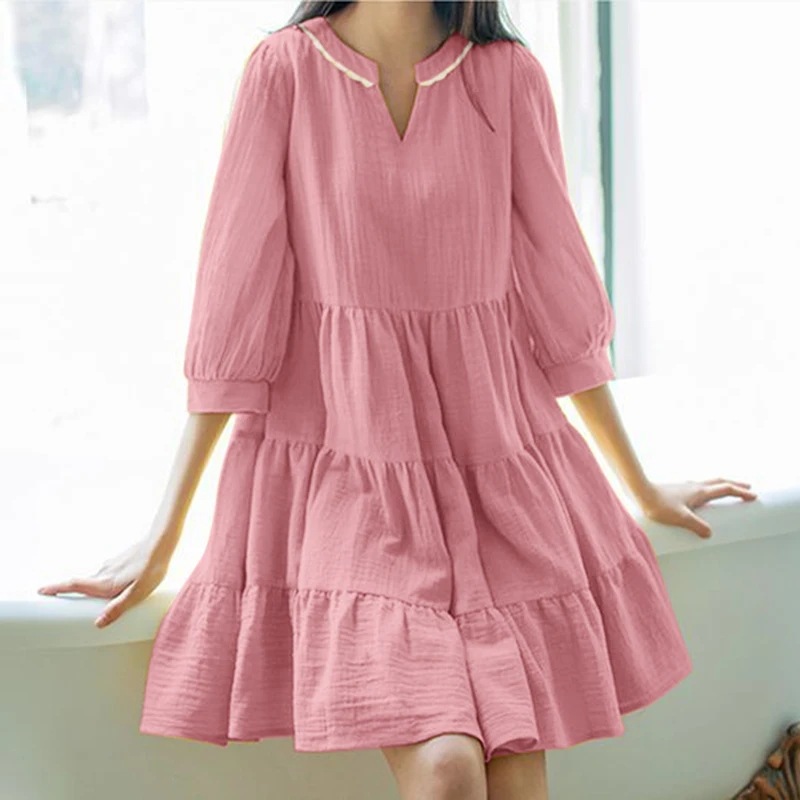 Fresh Sweet V-Neck Cotton-Linen A-Line Midi Dress with Full Skirt