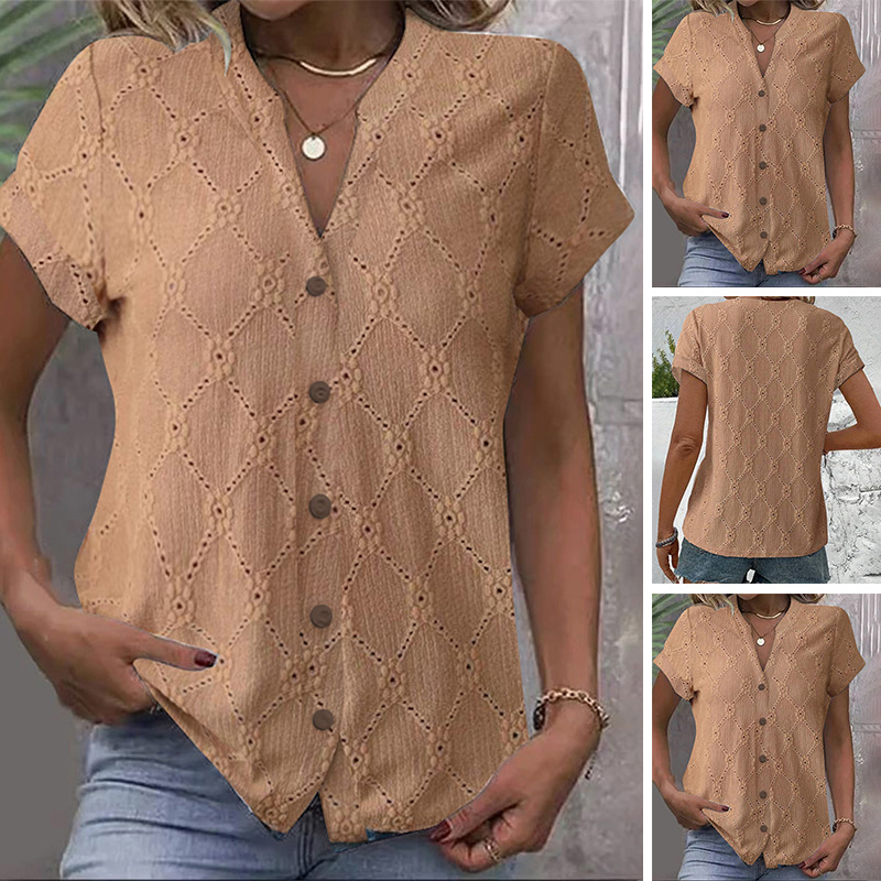 Solid V-Neck Button-Front Loose Hollow-Out Shirt