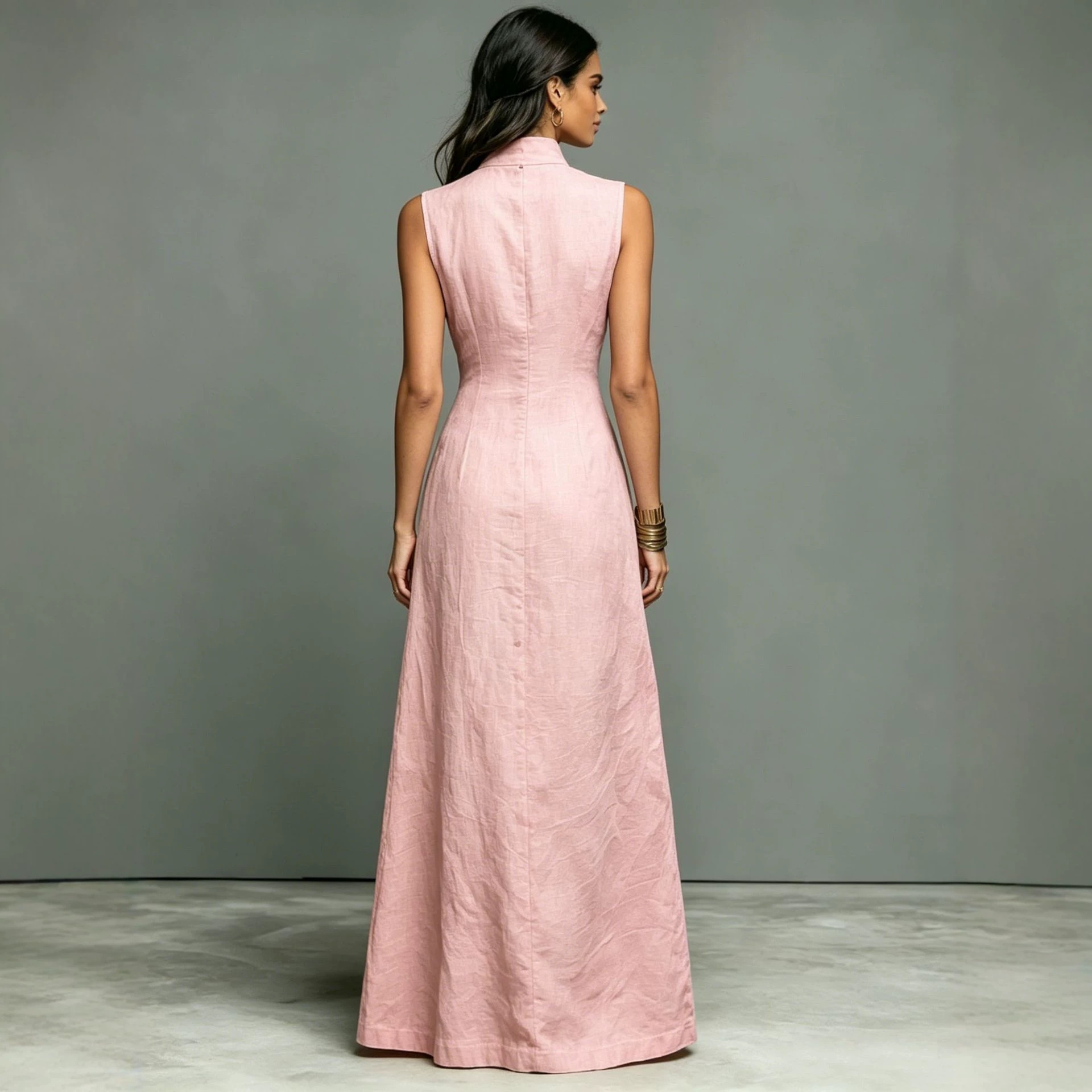 Women's Minimalist Sleeveless Maxi Dress with Stand Collar and Button Front
