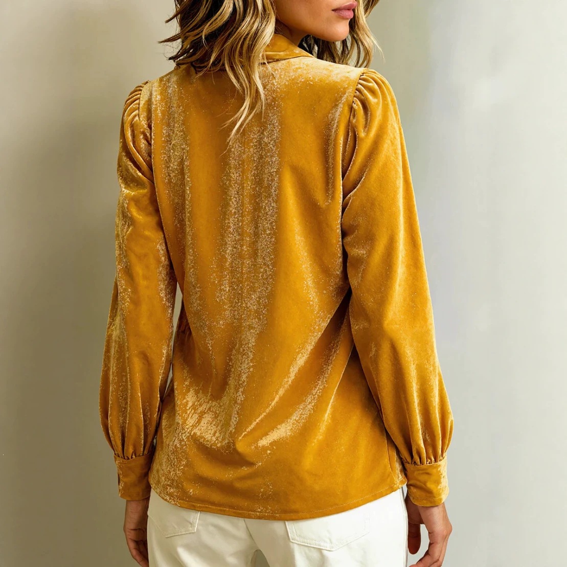 Velvet Button-Down Long-Sleeve French Collared Blouse