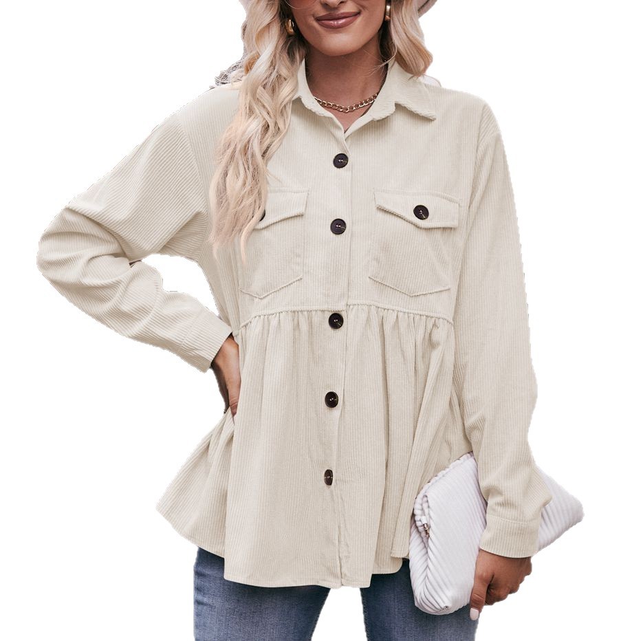 Women's Corduroy Babydoll Shirt Long Sleeve Collared Button-Down