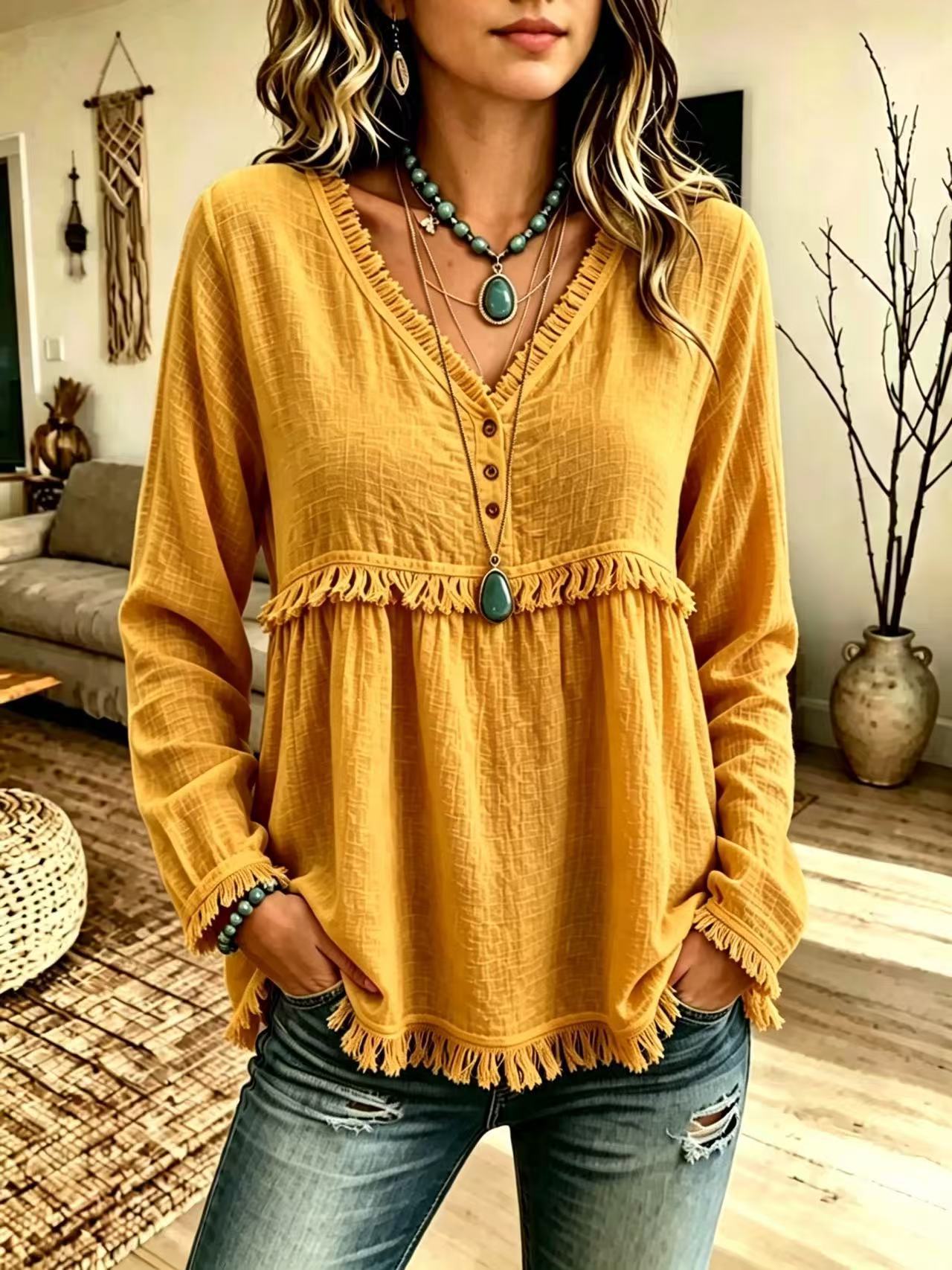 Women's Loose V-Neck Fringe Long Sleeve Solid Casual Top