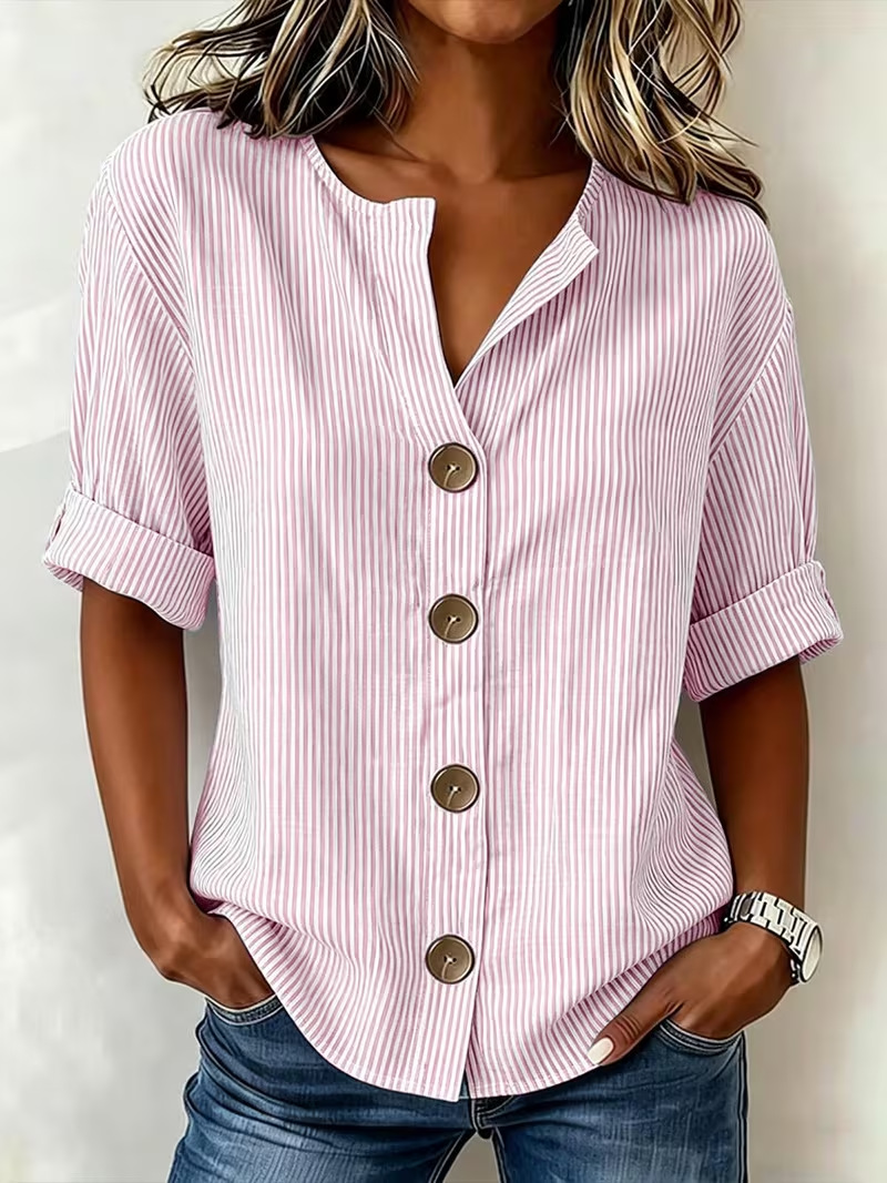 Women's Retro Striped Print Mid-Sleeve Blouse