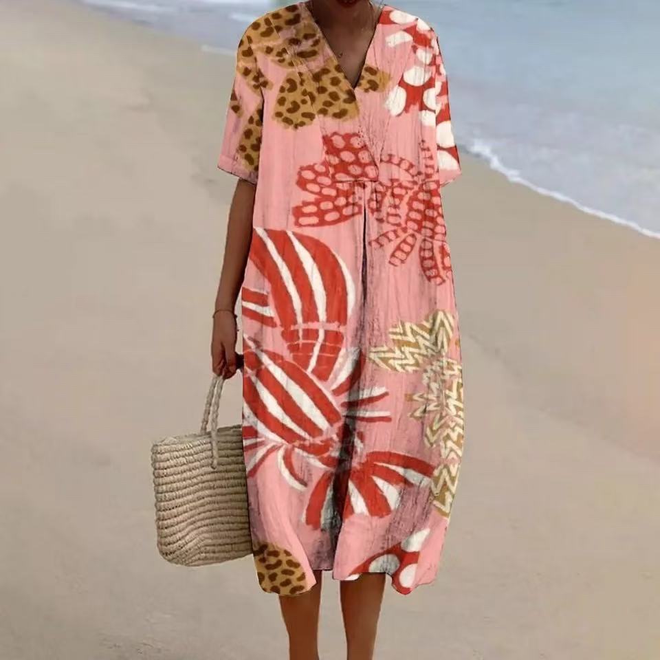 Women's Loose Floral Print Long Dress Casual V-Neck Short Sleeve