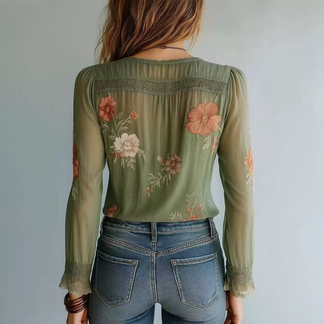 Women's Printed V-Neck Slimming Long-Sleeve Blouse