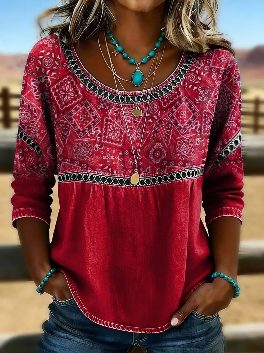 Boho Star Print Crewneck Short Sleeve Top