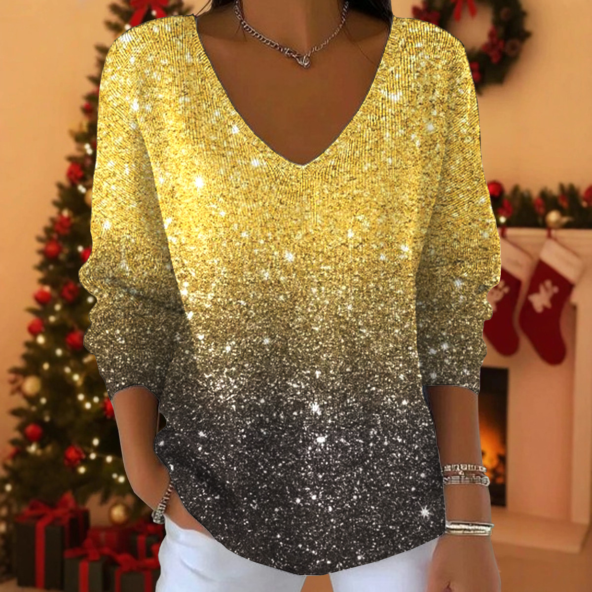 Starry Polka Dot Colorblock Print V-Neck Long Sleeve T-Shirt