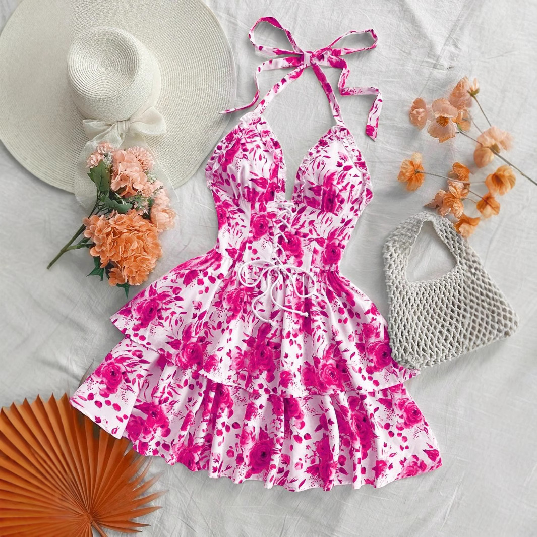 Women's Vintage Blue & White Watercolor Rose Print Tie-Neck Ruffle Dress