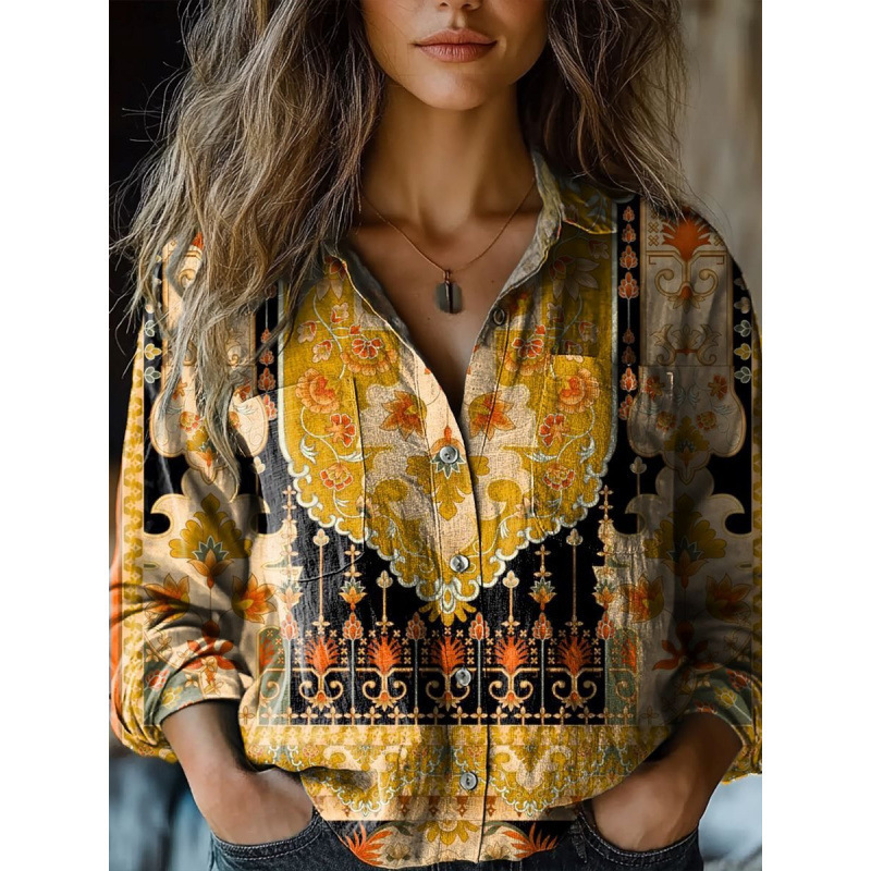 Women's Floral Print Long Sleeve Pocket Shirt