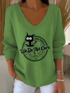 Cat Print V-Neck Long Sleeve T-Shirt