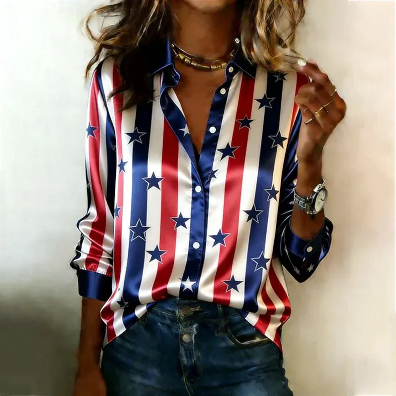 Women's Star & US Flag Print Long Sleeve Shirt