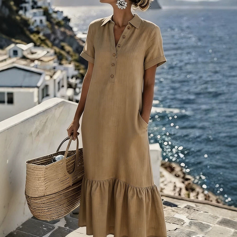 Women's Casual Loose Pleated Collared Short Sleeve Plus Size Shirt Dress