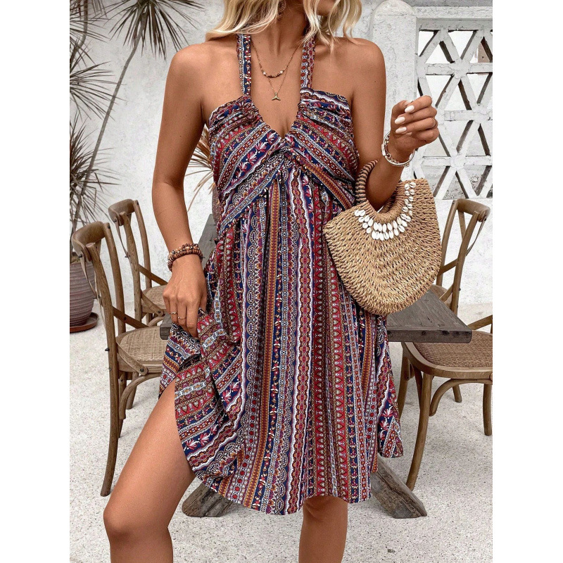 Retro Floral Print Backless Halter Beach Dress